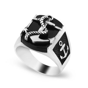 925 Ayar Gümüş Siyah Oniks Taş Üzeri Deniz Çapa Motifli Erkek Yüzük