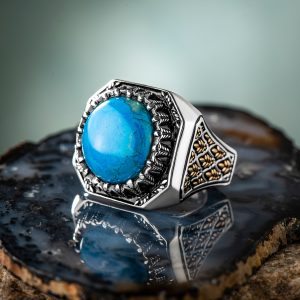 925 Ayar Gümüş Özel Tasarım Yuvarlak Kesim Firuze Taşlı Erkek Yüzük