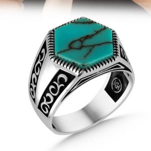 Alternative view of Firuze Taşlı Hegzagon Model Gümüş Erkek Yüzük