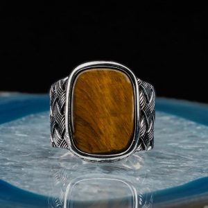 Alternative view of 925 Ayar Gümüş Örgü Desenli Kahverengi Kaplangözü Taşlı Erkek Yüzük