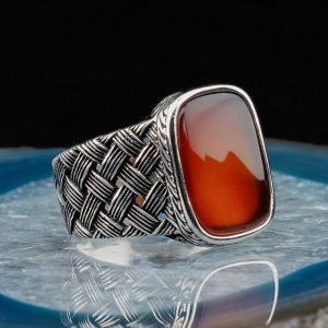 925 Ayar Gümüş Örgü Model Bordo Akik Taşlı Erkek Yüzük