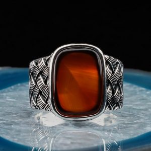 Alternative view of 925 Ayar Gümüş Örgü Model Bordo Akik Taşlı Erkek Yüzük