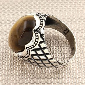 Alternative view of 925 Ayar Gümüş Kahverengi Kaplangözü Taşlı Baklava Dilimi Erkek Yüzük