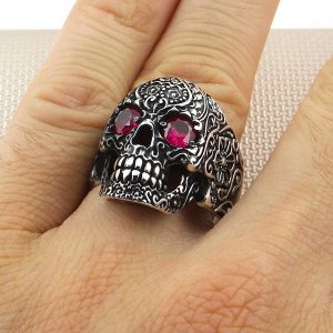 Alternative view of 925 Ayar Gümüş Ruby Yakut Taşlı Kuru Kafa Motifli Gothik Tasarım Taşsız Erkek Yüzük