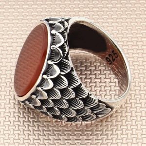 Alternative view of 925 Ayar Gümüş Kırmızı Akik Taşlı Oval Sade Erkek Yüzük