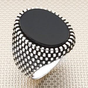 925 Ayar Gümüş Siyah Düz Oniks Taşlı Nokta Tasarım Erkek Yüzük