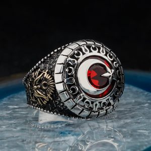 925 Ayar Gümüş Ayyıldız Motifli Kırmızı Zirkon Taşlı Erkek Yüzük