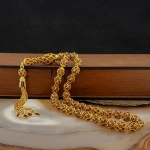 Altın Kaplama Kırmızı Zirkon Taş Süslemeli 925 Ayar Gümüş Tesbih