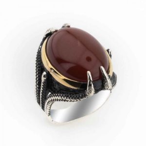 925 Ayar Gümüş Bordo Akik Taşlı Pençeli Erkek Yüzük