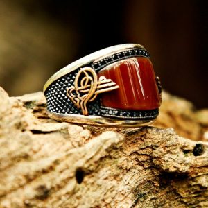 Alternative view of 925 Ayar Gümüş Akik ve Zirkon Taşlı Tuğralı Erkek  Yüzük