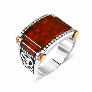 925 Ayar Gümüş Özel Tasarım Dörtgen Kırmızı Akik Taşlı Erkek Yüzük