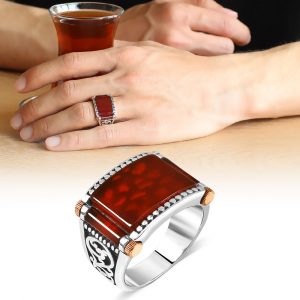 Alternative view of 925 Ayar Gümüş Özel Tasarım Dörtgen Kırmızı Akik Taşlı Erkek Yüzük