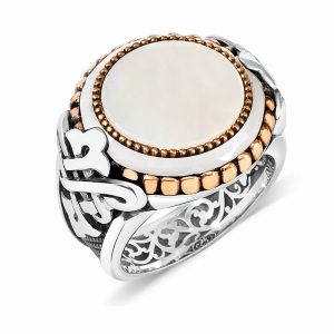 925 Ayar Gümüş Taş İşlemeli Beyaz Sedef Taşlı Özel Tasarım Erkek Yüzük