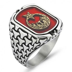 Alternative view of 925 Ayar Gümüş Ay Yıldız Vatan ve Osmanlı Armalı Çift Taraflı Erkek Yüzük