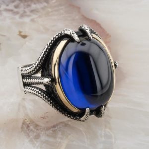 925 Ayar Gümüş Mavi Zirkon Taşlı Pençeli Erkek Yüzük