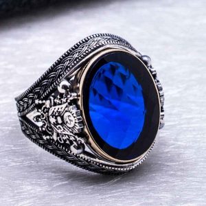 925 Ayar Gümüş Osmanlı Tuğralı Mavi Taşlı Erkek Yüzük