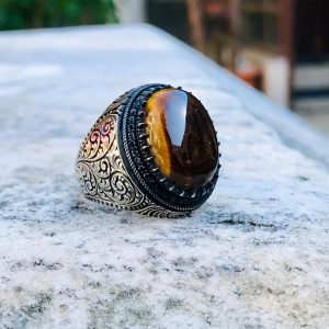 925 Ayar Gümüş Kahverengi Kaplangözü Taşlı Kalem İşlemeli Usta İşi Erkek Yüzük