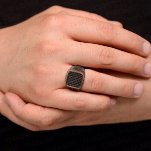 Alternative view of 925 Ayar Gümüş Siyah Mikro Zirkon Taşlı Osmanlı Tuğra Motifli Usta İşi Erkek Yüzük