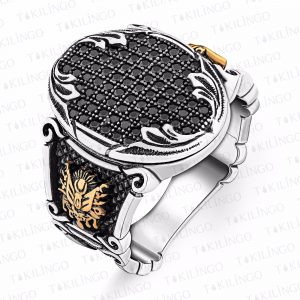 Alternative view of 925 Ayar Gümüş Siyah Mikro Zirkon Taşlı Osmanlı Motifli Usta İşi Erkek Yüzük