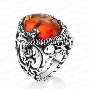 Alternative view of 925 Ayar Gümüş Kehribar Taşlı Yılan Motifli Erkek Yüzük