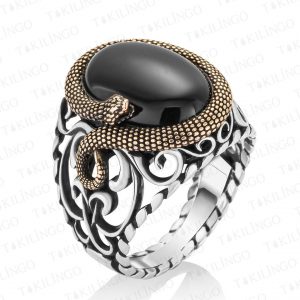 Alternative view of 925 Ayar Gümüş Siyah Oniks Taşlı Yılan Motifli Erkek Yüzük