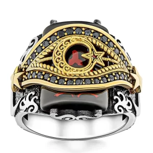 Alternative view of 925 Ayar Gümüş Kırmızı Zirkon Taşlı Ay yıldız Motifli Usta İşi Erkek Yüzük