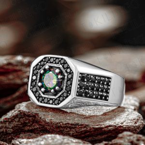 925 Ayar Gümüş Mikro Zirkon Detaylı Mistik Topaz Taşlı Zarif Erkek Yüzük