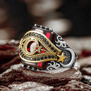 925 Ayar Gümüş Kırmızı Zirkon Taşlı Ay yıldız Motifli Usta İşi Erkek Yüzük