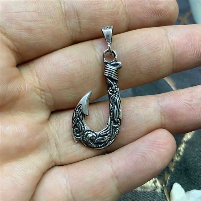 925 Ayar Gümüş Olta Ucu Motifli Denizci Erkek Kolye - Görsel 2