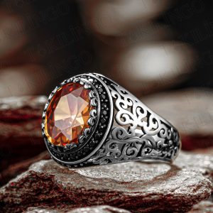 925 Ayar Gümüş Şampanya Taşlı Zirkon Detaylı Erkek Yüzük