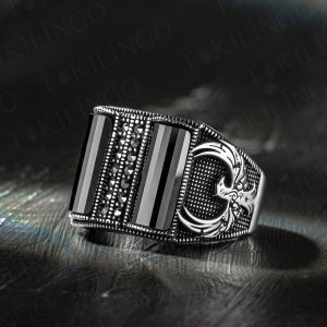 925 Ayar Gümüş Markazit Taşlı Kartal Motifli Siyah Oniks Erkek Yüzük