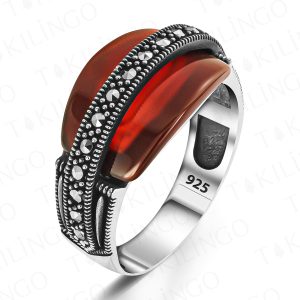 Alternative view of 925 Ayar Gümüş Markazit Taşlı Kırmızı Akik Taşlı Erkek Yüzük