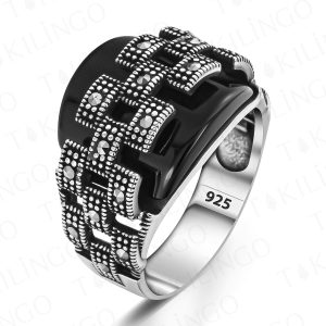 Alternative view of 925 Ayar Gümüş Markazit Taşlı Siyah Oniks Erkek Yüzük