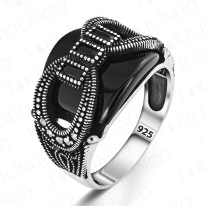 Alternative view of 925 Ayar Gümüş Markazit Taşlı Siyah Oniks Erkek Yüzük