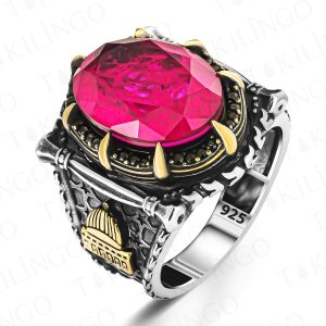 Alternative view of 925 Ayar Gümüş Mescidi Aksa Motifli Kırmızı Paraiba Taşlı Erkek Yüzük