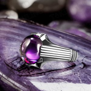 925 Ayar Gümüş Mor Doğal Ametist Taşlı Sade Erkek Yüzük