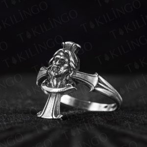 925 Ayar Gümüş Hz. İsa Motifli Hac Desenli Eskitme Model Usta İşi Erkek Yüzük