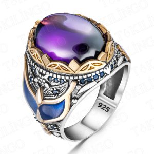 Alternative view of 925 Ayar Gümüş Ametist Taşlı Usta işi Erkek Yüzük