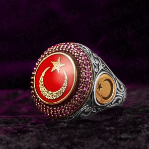 925 Ayar Gümüş Kırmızı Ayyıldız İşlemeli Kelime-i Tevhid Yazılı Usta İşi Erkek Yüzük