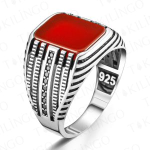 Alternative view of 925 Ayar Gümüş Kırmızı Akik Taşlı Zirkon Taş Detaylı Sade Erkek Yüzük