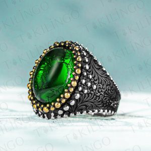 925 Ayar Gümüş Yeşil Akik Taşlı Erkek Yüzük