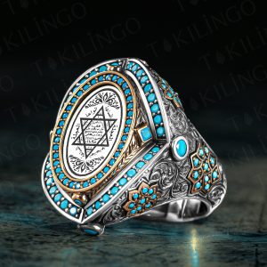 925 Ayar Gümüş Mührü Süleyman İşlemeli Turkuaz Taş Detaylı Usta İşi Erkek Yüzük