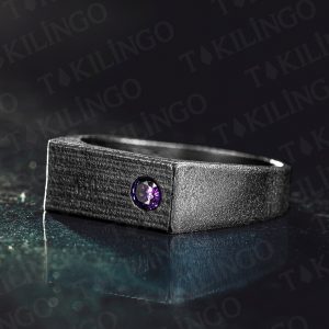 925 Ayar Gümüş Oksitli Pırlanta Montür Ametist Taşlı Sade Erkek Yüzük