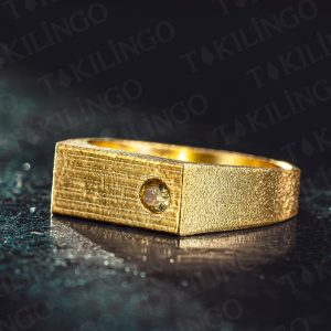 925 Ayar Gümüş Altın Kaplama Sarı Sitrin Taşlı Sade Erkek Yüzük