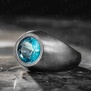 925 Ayar Gümüş Oksitli Yuvarlak Akuamarin Taşlı Sade Erkek Yüzük