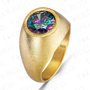 Alternative view of 925 Ayar Gümüş Altın Kaplama Yuvarlak Mistik Topaz Taşlı Sade Erkek Yüzük