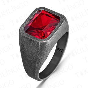 Alternative view of 925 Ayar Gümüş Oksitli Kırmızı Zirkon Taşlı Sade Erkek Yüzük