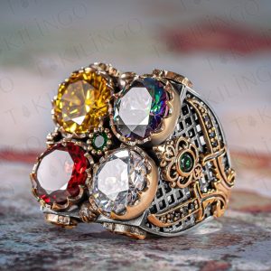 925 Ayar Gümüş Renkli Zirkon Mistik Topaz Taşlı Usta İşi Erkek Yüzük