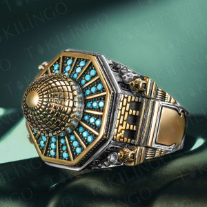 925 Ayar Gümüş İslam Usta Kubbet'üs Sahra Model Turkuaz Taşlı Dualı Erkek Yüzük