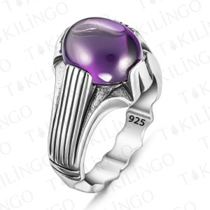 Alternative view of 925 Ayar Gümüş Mor Doğal Ametist Taşlı Sade Erkek Yüzük